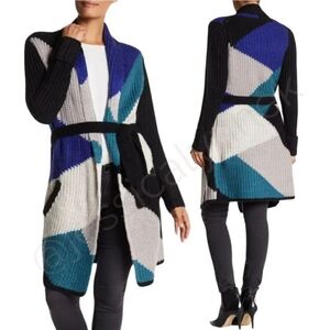 Vertigo abstract print belted cardigan sweaterl/coat jacket, size medium! NWT